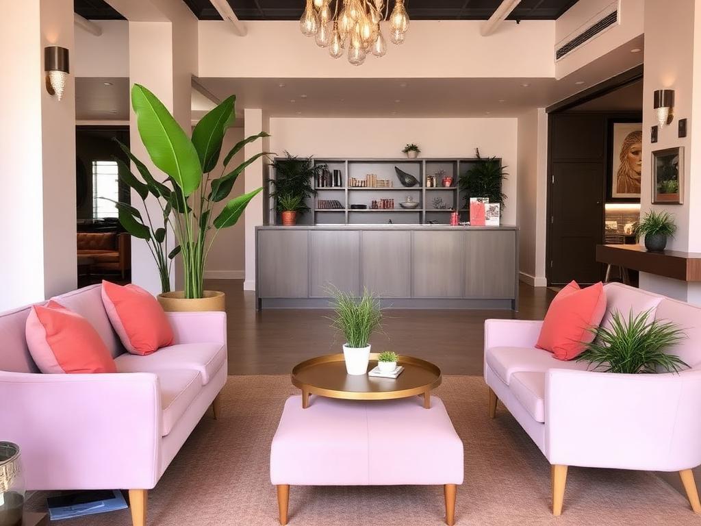 Reception and client waiting lounge inside Atlanta Airport Salon Suites